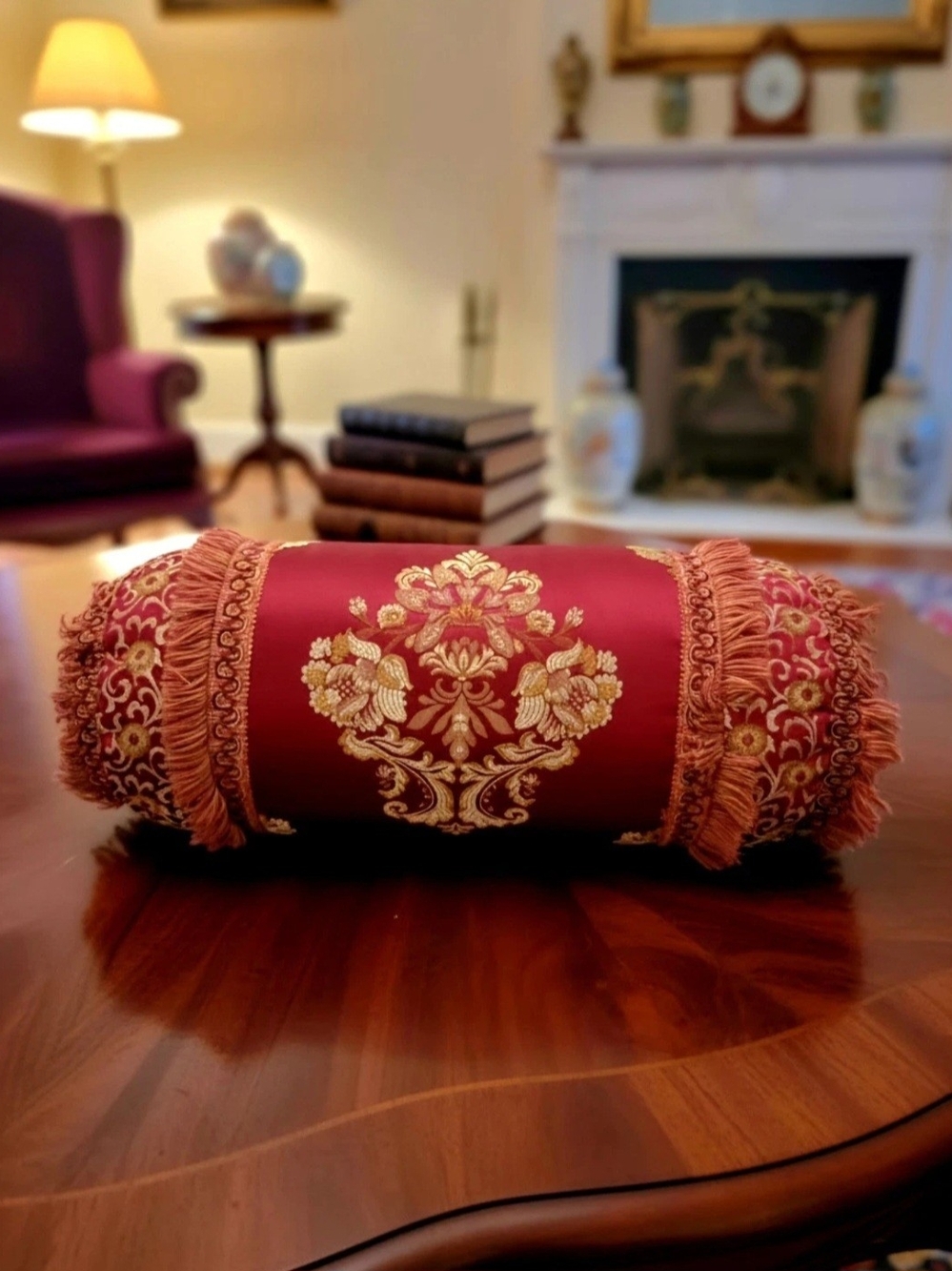 Waterford Linens Charlemont Ruby Damask Bolster Pillow 6"×17" Red/Gold Zip